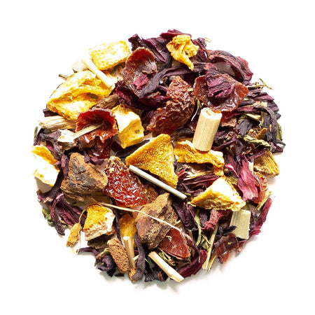 Beach House Ocean Shores Tea, loose-leaf blend with organic ingredients, shown with leaves on a background.
