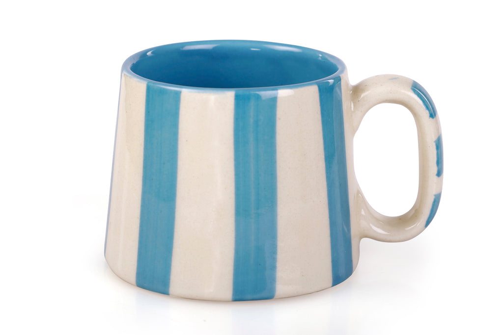 Casa Amarosa Ceramic Aqua Blue Stripe Cup - 3.5 x 2.5 Inches ( Set of 4 )