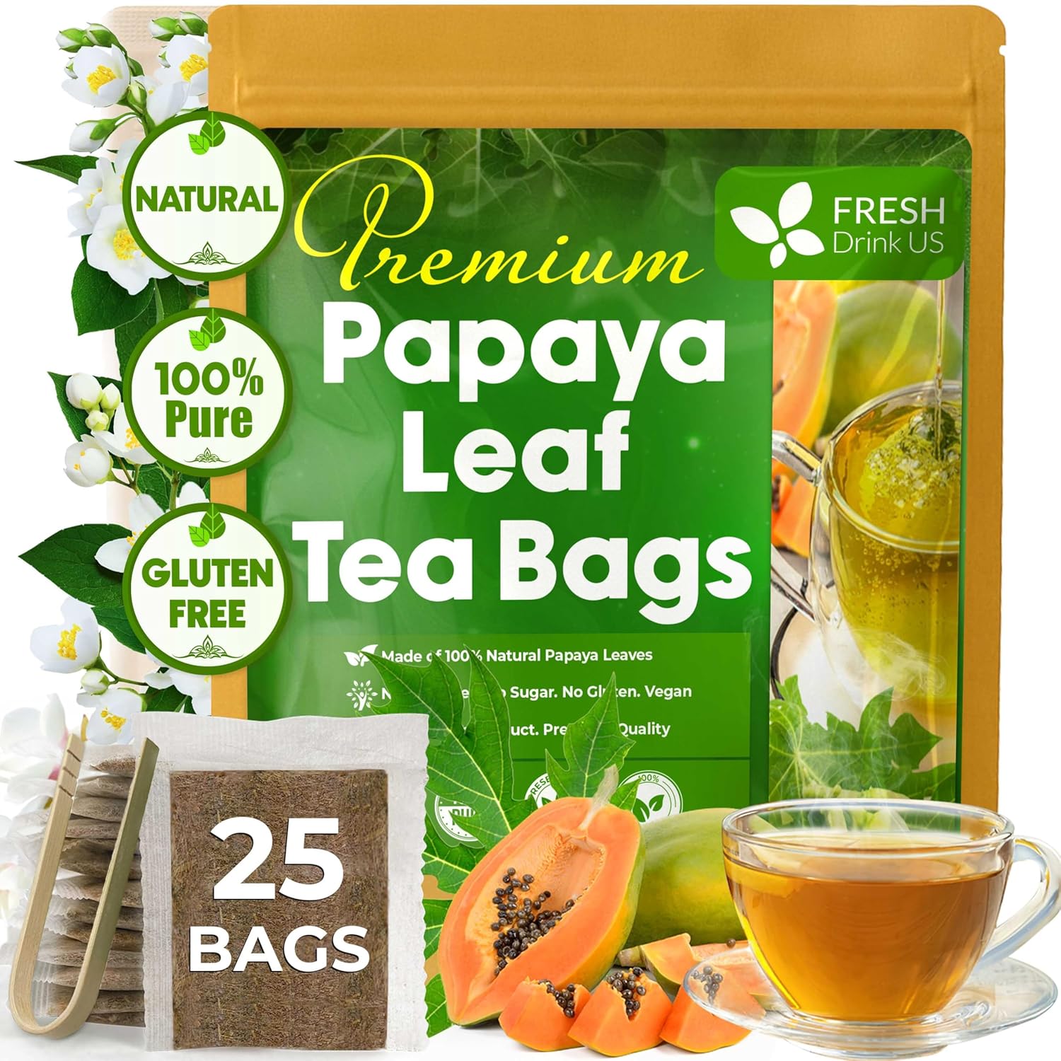 Premium Papaya Leaf Tea Bags, Made with Natural Material Tea Bags. No Sugar, No Caffeine, No Gluten, Vegan. Herbal Tea