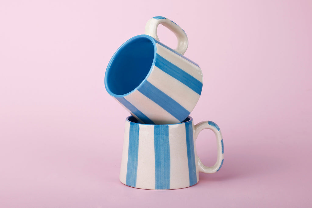 Casa Amarosa Ceramic Aqua Blue Stripe Cup - 3.5 x 2.5 Inches ( Set of 4 )