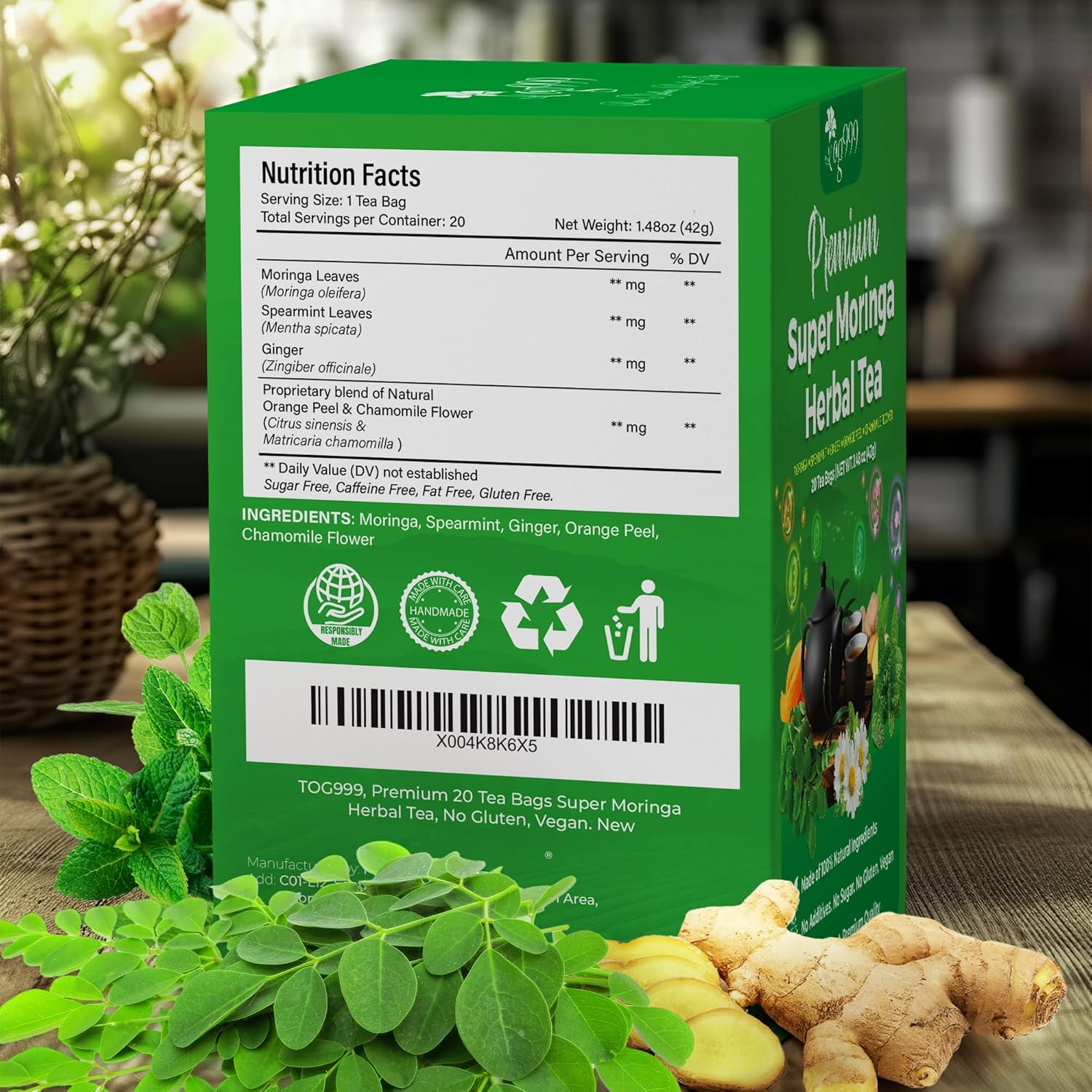 FreshDrinkUS - Natural and Premium Herbal Super Moringa Herbal Tea, Improve Digestion, Support Brain, Weight, Skin and Sleep, Eco-Conscious Tea Bags