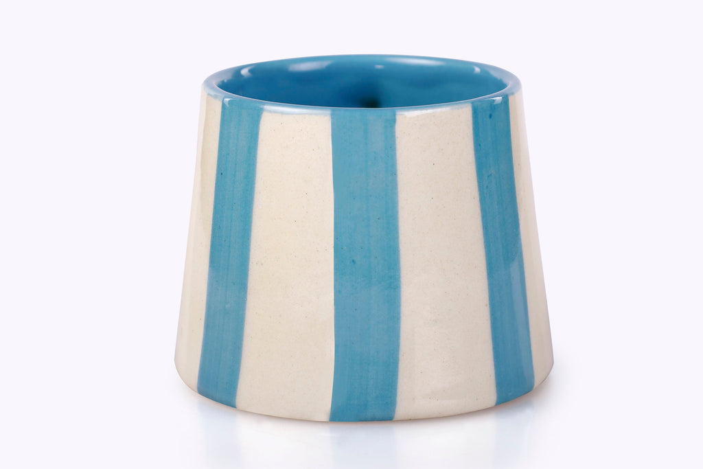 Casa Amarosa Ceramic Aqua Blue Stripe Cup - 3.5 x 2.5 Inches ( Set of 2 )