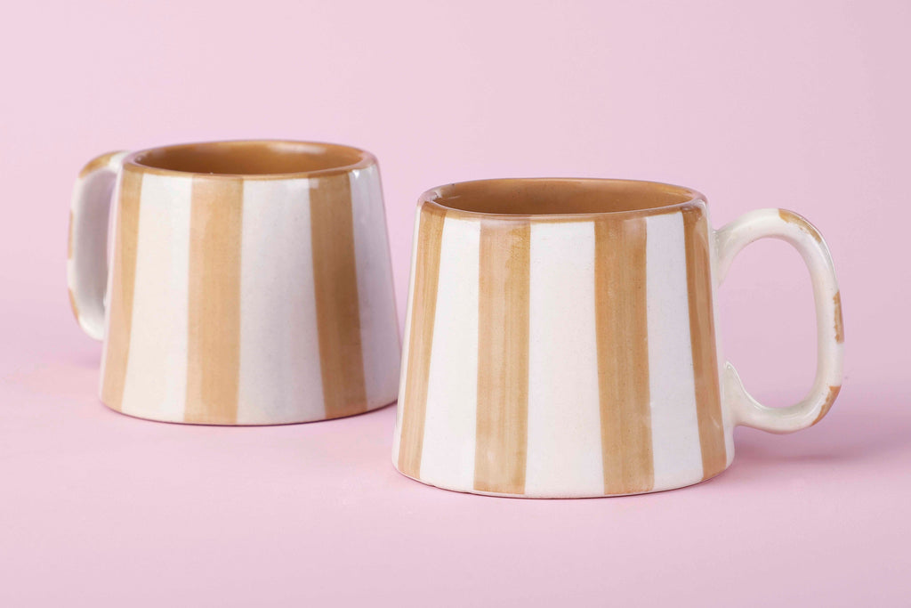 Casa Amarosa Ceramic Brown Stripe Cup - 3.5 x 2.5 Inches ( Set of 4 )