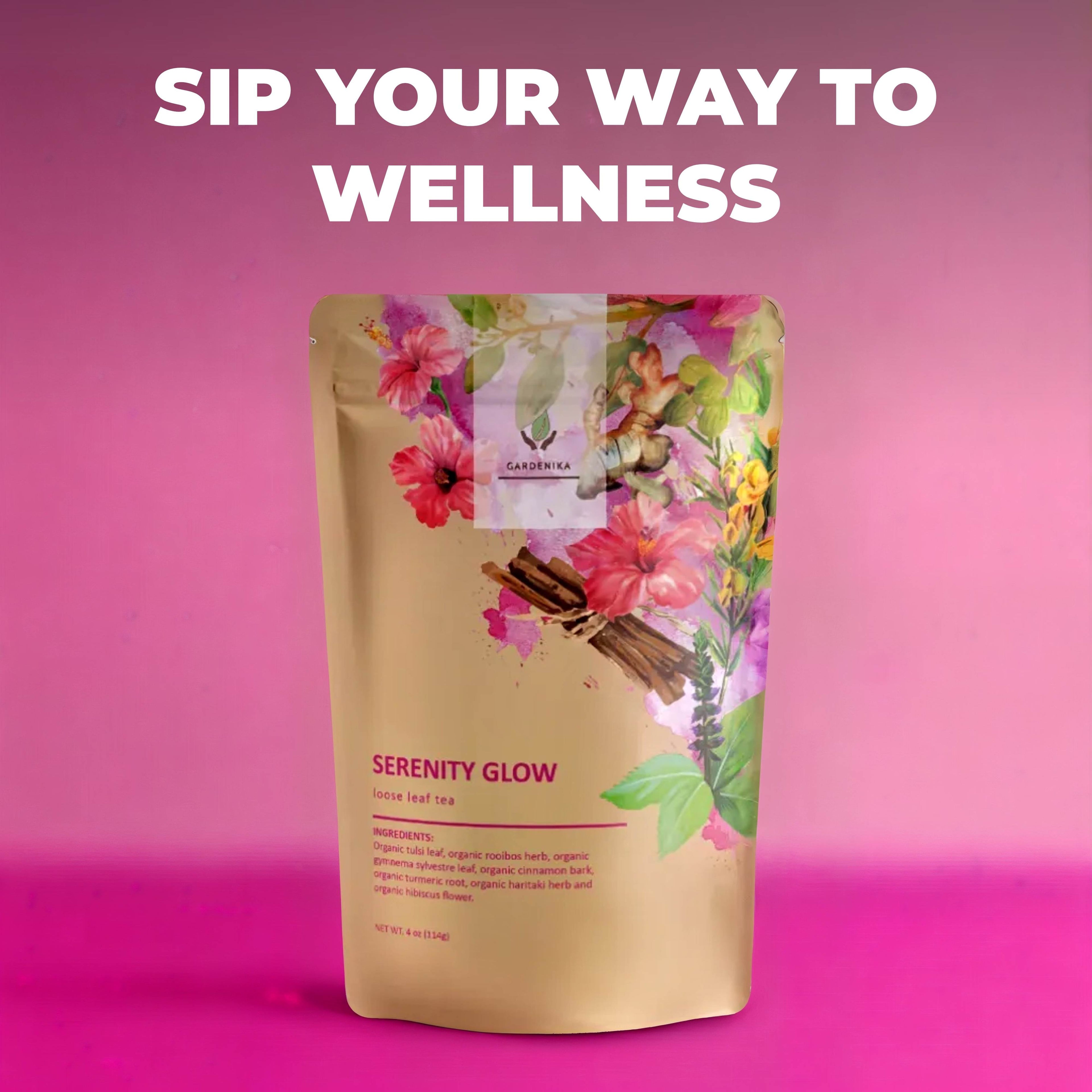 Gardenika Organic Serenity Glow Herbal Tea with Tulsi & Rooibos, Metabolism Support - Stress Relief - Caffeine Free - 55+ Cups - USDA Organic & Kosher - 4 oz (113g)