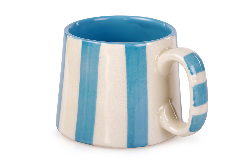 Casa Amarosa Ceramic Aqua Blue Stripe Cup - 3.5 x 2.5 Inches ( Set of 4 )
