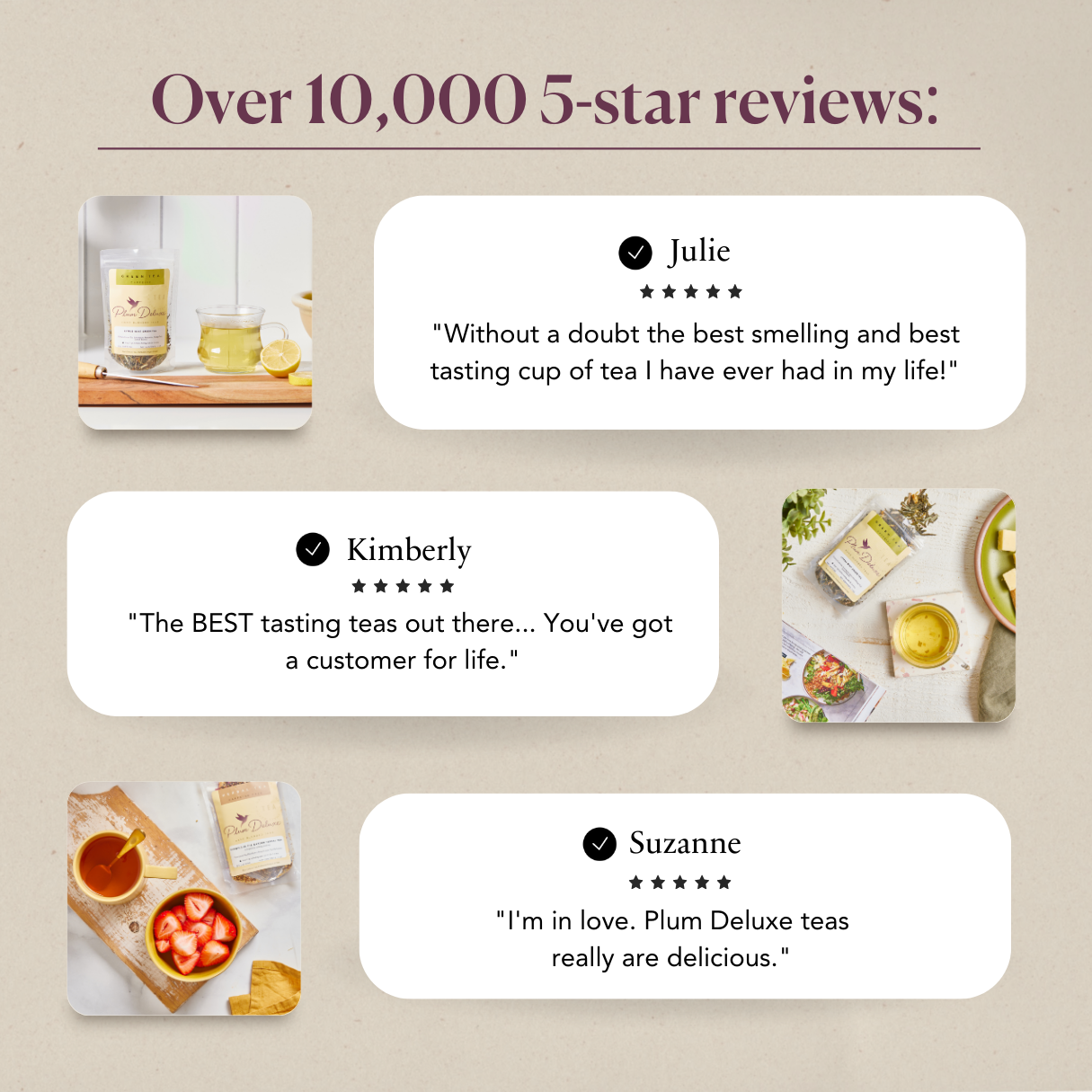 Plum Deluxe Full Moon Chai (Vanilla Butternut Masala Chai) packaging with customer reviews displayed on a social proof graphic.