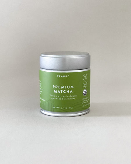 Teappo Organic Premium Matcha 1.4 oz tea tin showcasing fresh, nutty matcha green tea powder from Shizuoka, Japan.