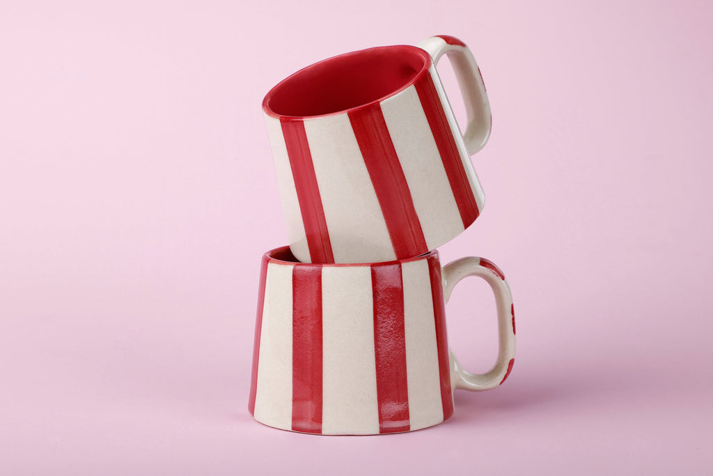 Casa Amarosa Ceramic Red Stripe Cup - 3.5 x 2.5 Inches ( Set of 2 )