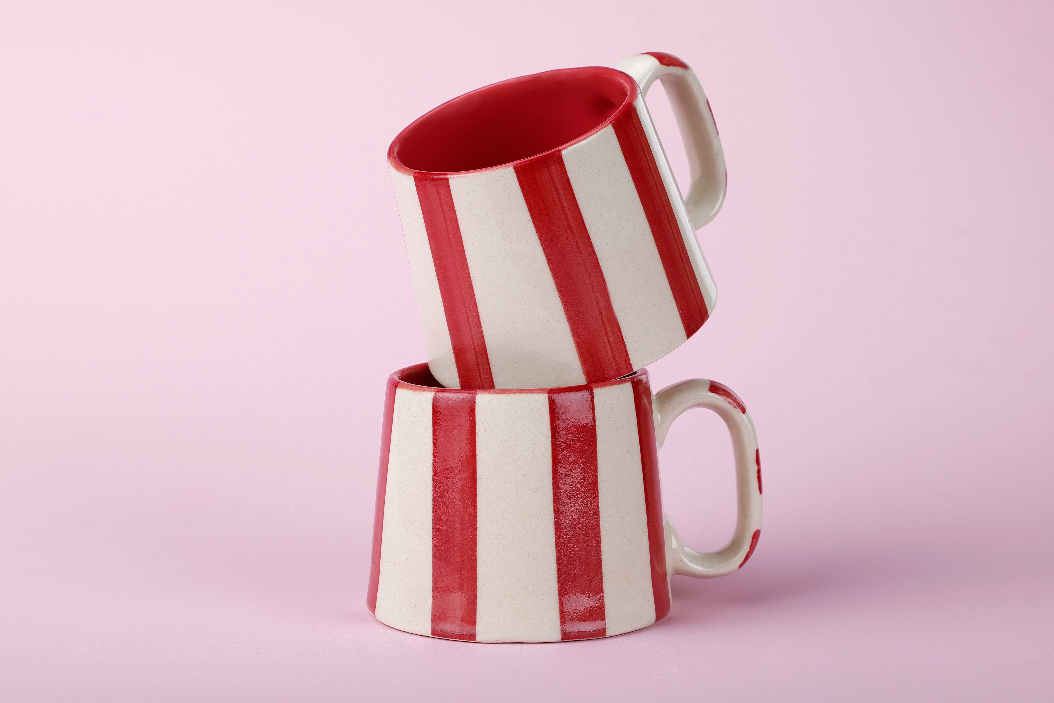 Casa Amarosa Ceramic Red Stripe Cup - 3.5 x 2.5 Inches ( Set of 2 )