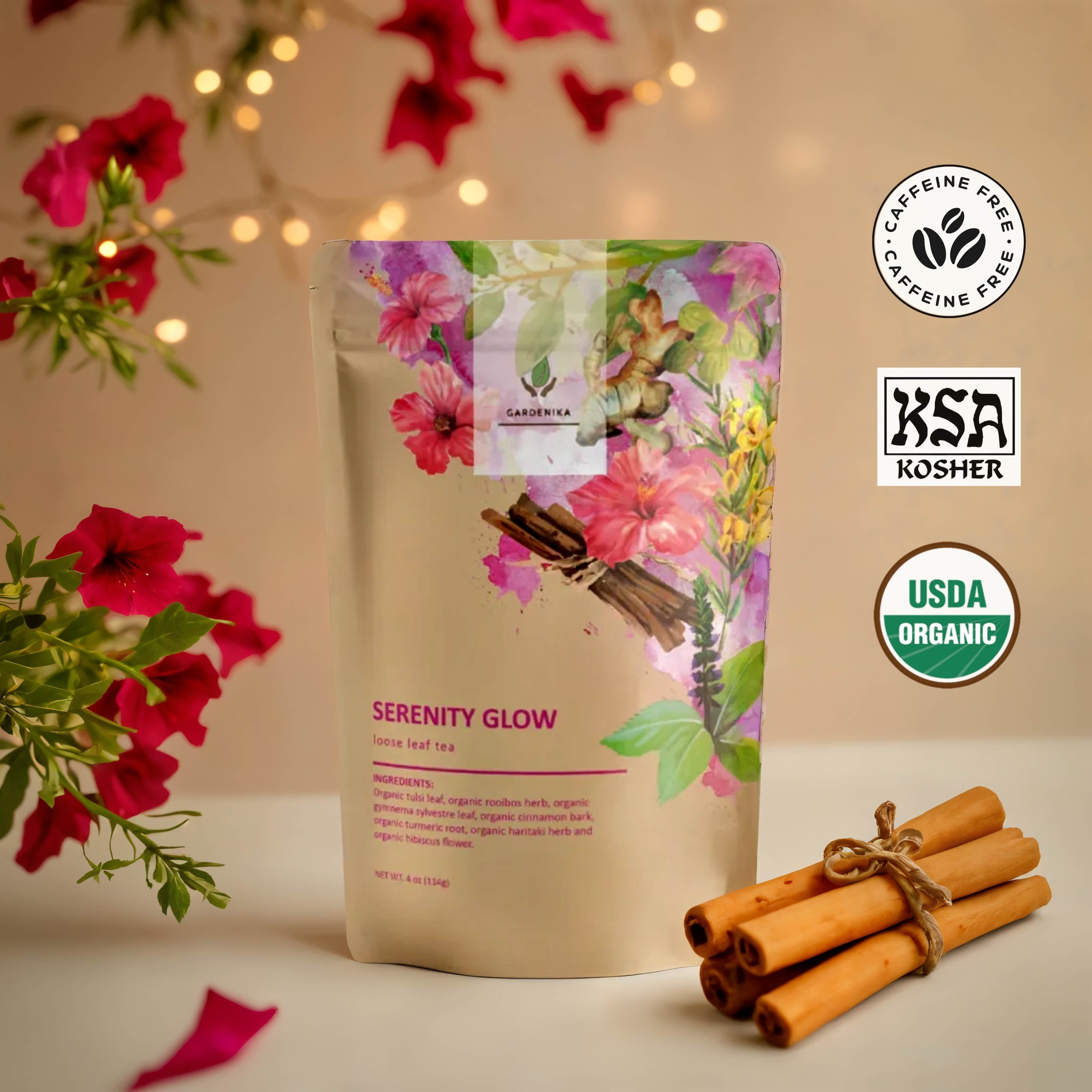 Gardenika Organic Serenity Glow Herbal Tea with Tulsi & Rooibos, Metabolism Support - Stress Relief - Caffeine Free - 55+ Cups - USDA Organic & Kosher - 4 oz (113g)