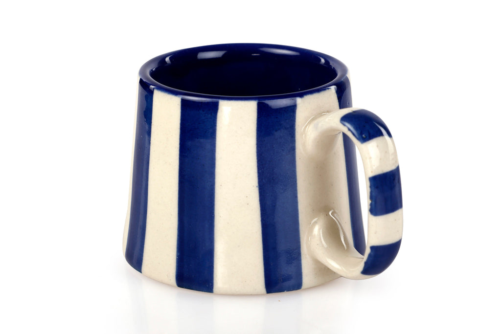 Casa Amarosa Ceramic Dark Blue Stripe Cup - 3.5 x 2.5 Inches ( Set of 2 )