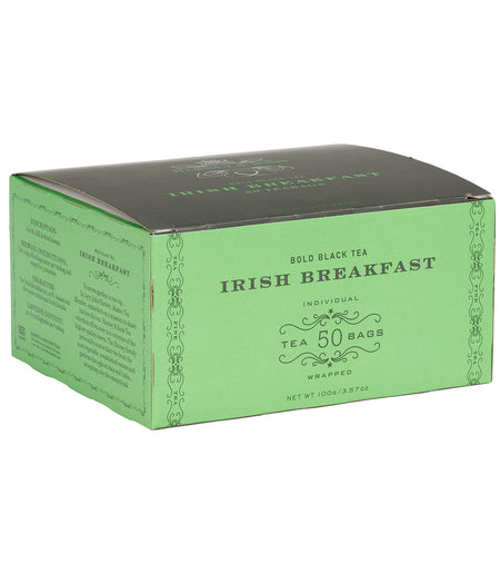 Harney & Sons Irish Breakfast, Box of 50 Wrapped Teabags, showcasing individually wrapped teabags for brewing bold tea.