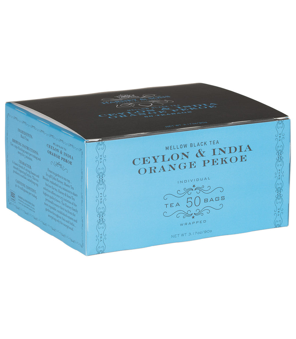Harney & Sons Orange Pekoe (Ceylon & India) tea, 50-count premium teabags in packaging