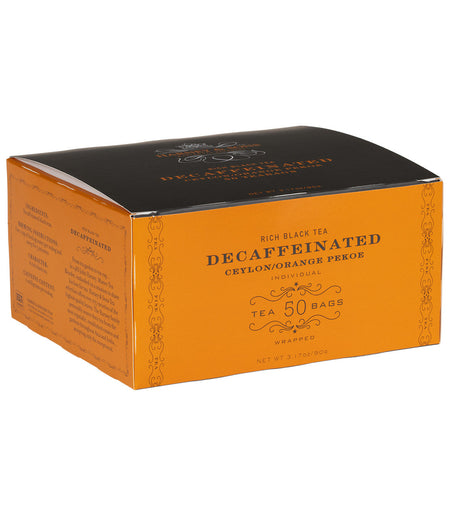 Harney & Sons Decaf Ceylon, Box of 50 Wrapped Teabags, featuring individually wrapped teabags for fresh, robust black tea.