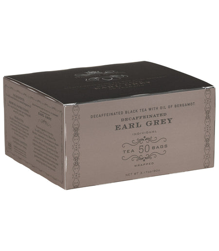 Harney & Sons Decaf Earl Grey, Box of 50 Wrapped Teabags, featuring individually wrapped teabags for brewing 6-8 oz. cups of tea.