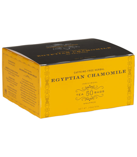 Harney & Sons Egyptian Chamomile, Box of 50 Wrapped Teabags, features individually wrapped teabags for fresh herbal tea brewing.