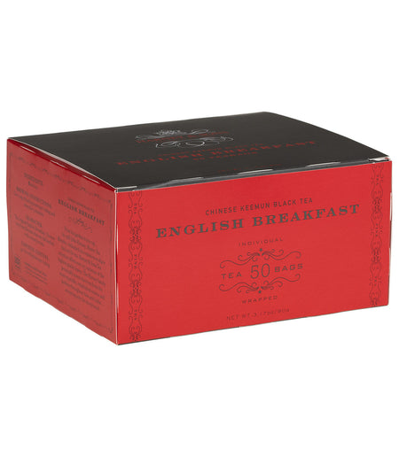 Harney & Sons English Breakfast, Box of 50 Wrapped Teabags, featuring individually wrapped teabags for convenient brewing.