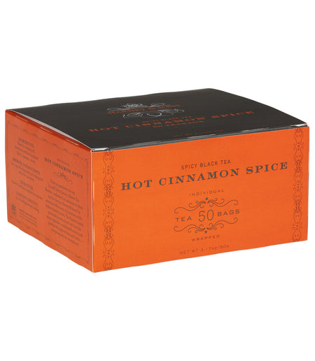 Harney & Sons Hot Cinnamon Spice, Box of 50 Wrapped Teabags, featuring individually wrapped teabags for steeping.