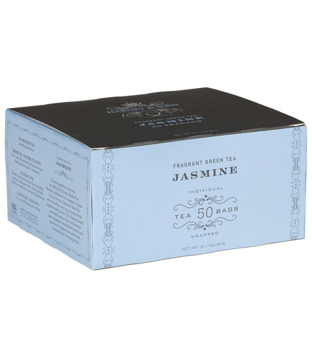 Harney & Sons Jasmine, Box of 50 Wrapped Teabags, featuring individually wrapped teabags for brewing aromatic jasmine tea.