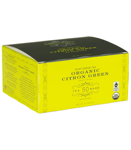 Harney & Sons Organic Citron Green, Box of 50 Wrapped Teabags, featuring individually wrapped teabags for brewing tea.