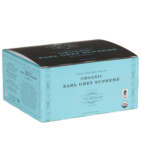 Harney & Sons Organic Earl Grey Supreme, Box of 50 Wrapped Teabags, featuring individual teabags designed for fresh brewing.