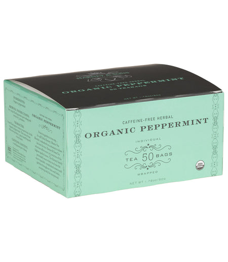 Harney & Sons Organic Peppermint Herbal, Box of 50 Wrapped Teabags, features individually wrapped teabags for brewing aromatic tea.