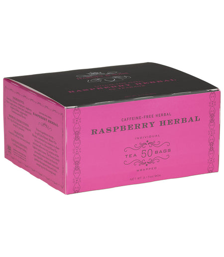 Harney & Sons Raspberry Herbal, Box of 50 Wrapped Teabags, shows individually wrapped teabags in a box, ideal for tea preparation.