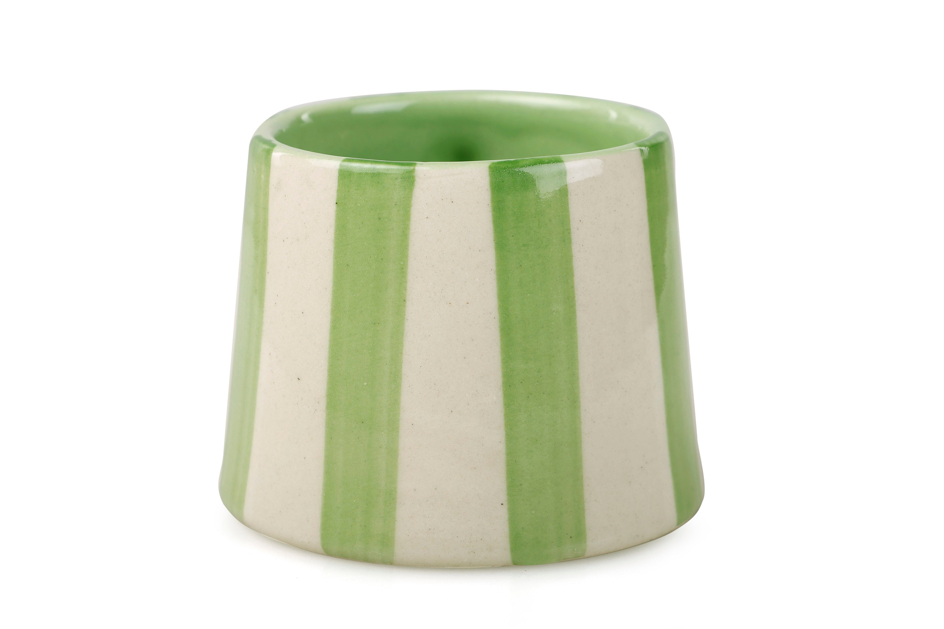 Casa Amarosa Ceramic Green Stripe Cup - 3.5 x 2.5 Inches ( Set of 2 )