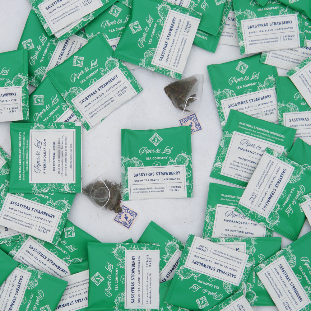 Piper and Leaf Sassyfras Strawberry Case of Individually Wrapped Tea Bags- 50ct, featuring individually packaged tea sachets.