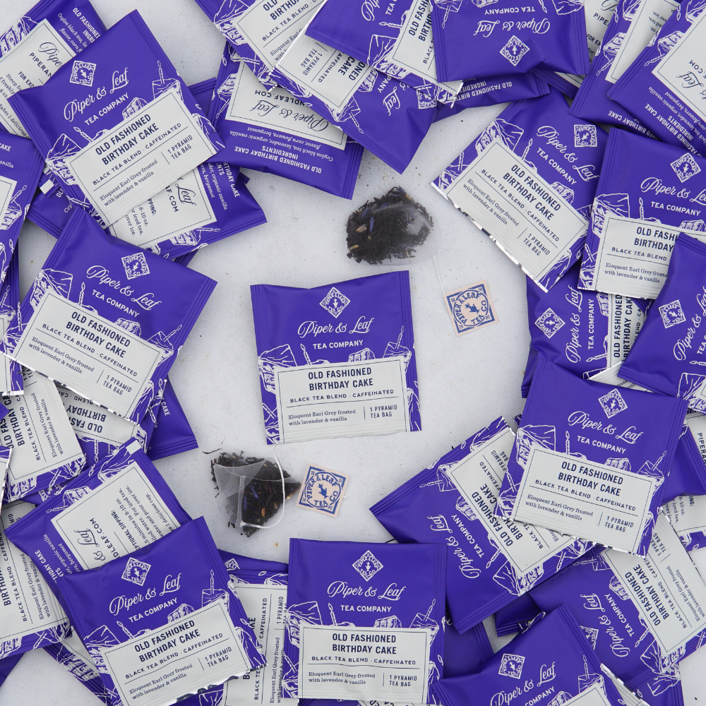 Piper and Leaf Old Fashioned Birthday Cake Case of Individually Wrapped Tea Bags- 50ct, featuring individually packaged tea sachets.
