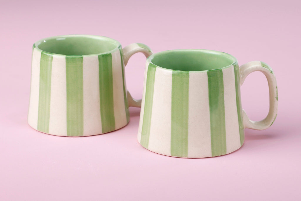 Casa Amarosa Ceramic Green Stripe Cup - 3.5 x 2.5 Inches ( Set of 4 )