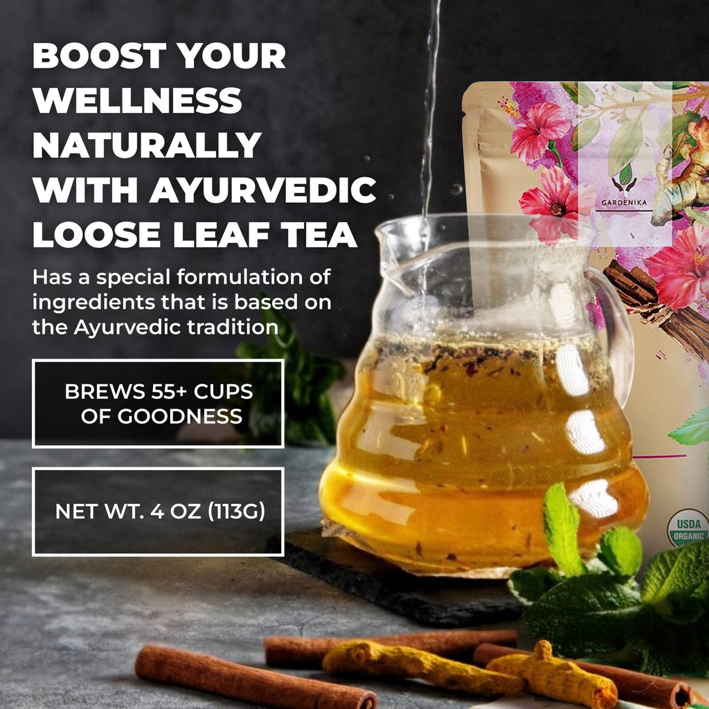 Gardenika Organic Serenity Glow Herbal Tea with Tulsi & Rooibos, Metabolism Support - Stress Relief - Caffeine Free - 55+ Cups - USDA Organic & Kosher - 4 oz (113g)
