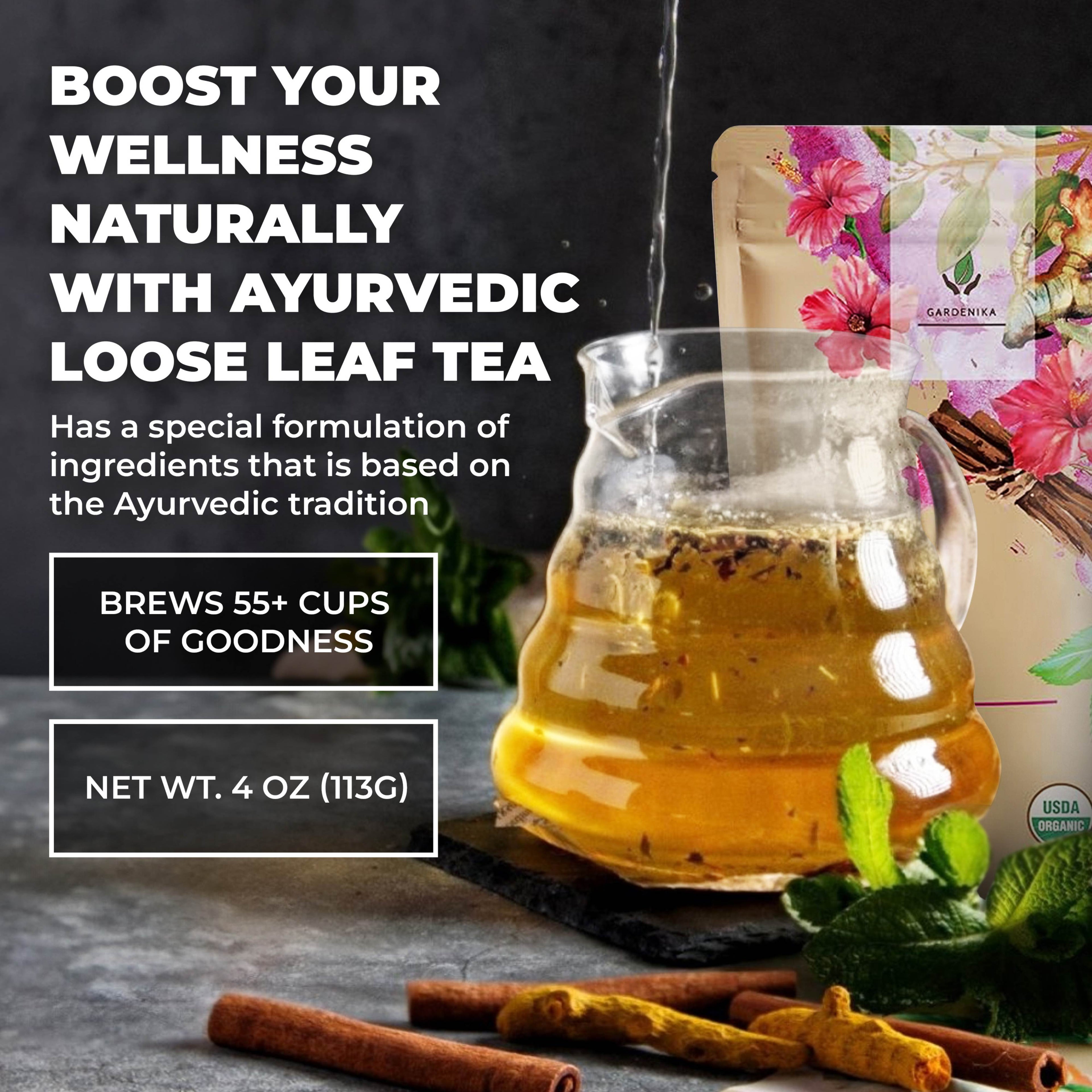 Gardenika Organic Serenity Glow Herbal Tea with Tulsi & Rooibos, Metabolism Support - Stress Relief - Caffeine Free - 55+ Cups - USDA Organic & Kosher - 4 oz (113g)