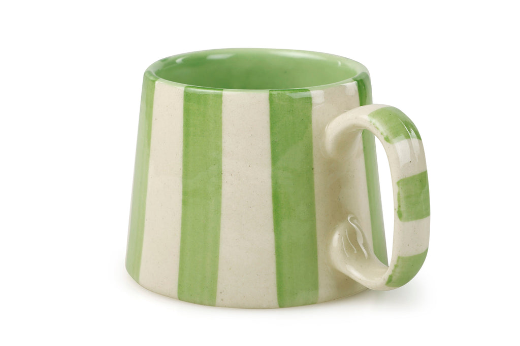 Casa Amarosa Ceramic Green Stripe Cup - 3.5 x 2.5 Inches ( Set of 2 )