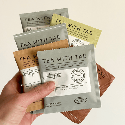 Tea with Tae 7-Days of Tea Sampler Pack featuring seven unique tea varieties in a neatly arranged pack.