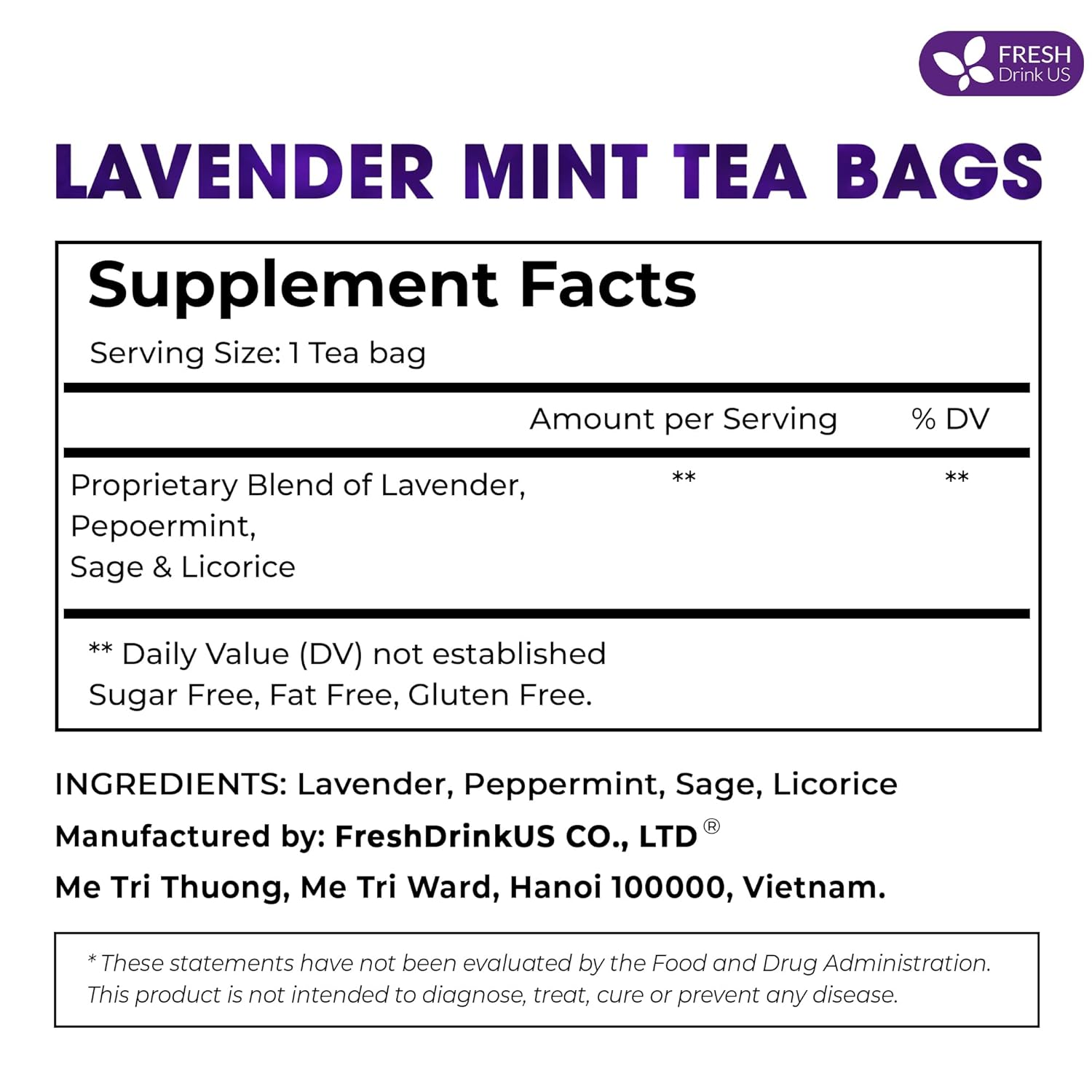 Premium Lavender Mint Tea Bags. 100% Natural, Blend of Lavender, Peppermint, Sage and Licorice. Herbal Tea