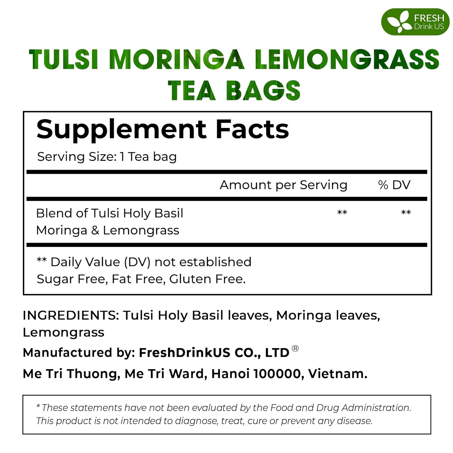 Premium Tulsi Moringa Lemongrass  Tea Bags, 100% Natural & Pure from Tulsi Holy Basil Leaves, Moringa & Lemongrass. Herbal Tea