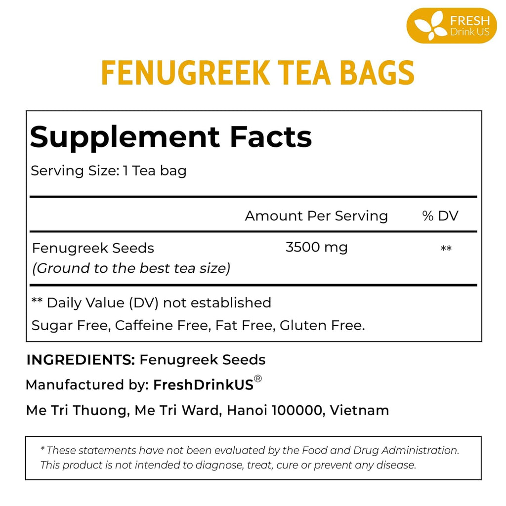 Premium Fenugreek Tea Bags. No Sugar, No Caffeine, No Gluten, Vegan. (30 Tea Bags) Herbal Tea