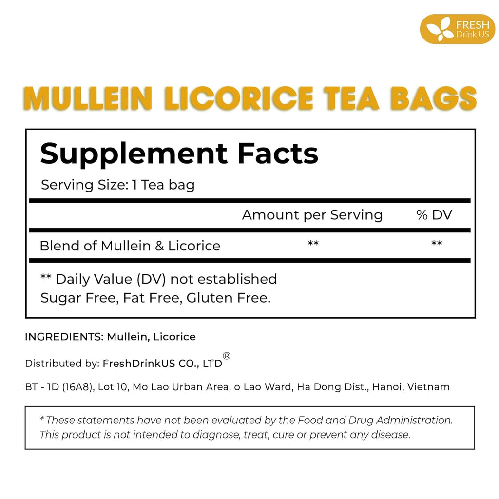 Premium Mullein Licorice Tea Bags. 100% Natural, Blend of Mullein Leaves, and Licorice Root. Herbal Tea