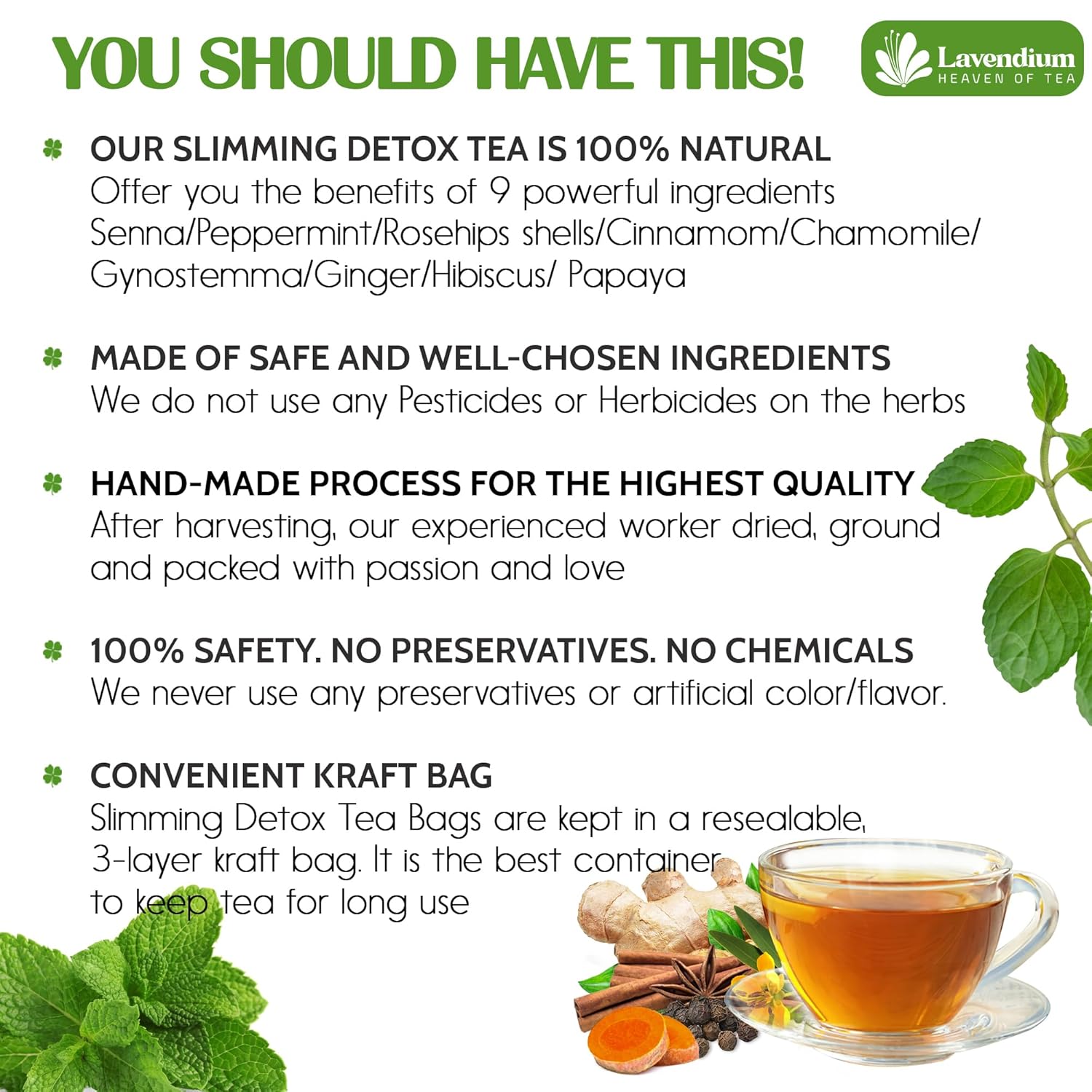 FreshDrinkUS - Natural and Premium Herbal SIimming Detox Tea Caffeine Free - Herbal Tea with Chamomile, Hibiscus Tea & Ginger Root