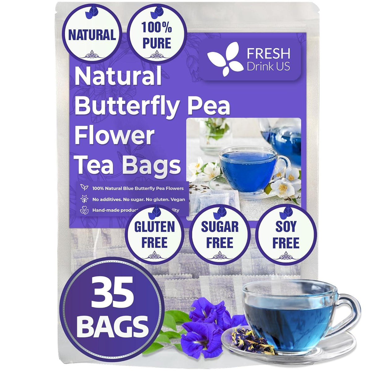 Premium Butterfly Pea Flowers, Tea Bags, 100% Natural and Pure from Butterfly Pea Flowers, Hand-made, Made With Natural Materials-Corn Fiber Tea Bag, Sugar/Caffeine/Gluten Free Herbal Tea