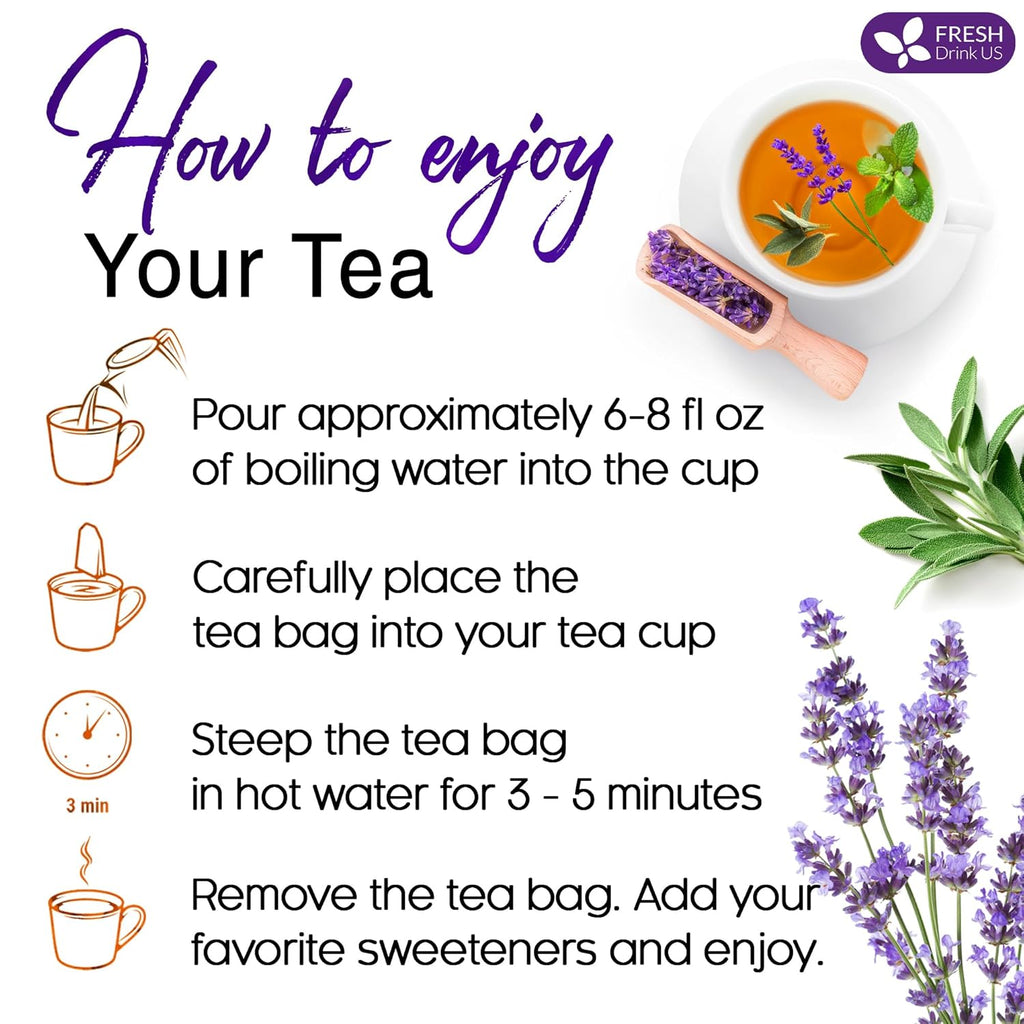 Premium Lavender Mint Tea Bags. 100% Natural, Blend of Lavender, Peppermint, Sage and Licorice. Herbal Tea