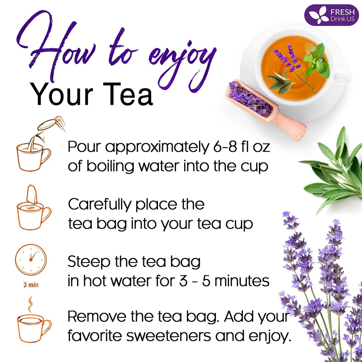 Premium Lavender Mint Tea Bags. 100% Natural, Blend of Lavender, Peppermint, Sage and Licorice. Herbal Tea