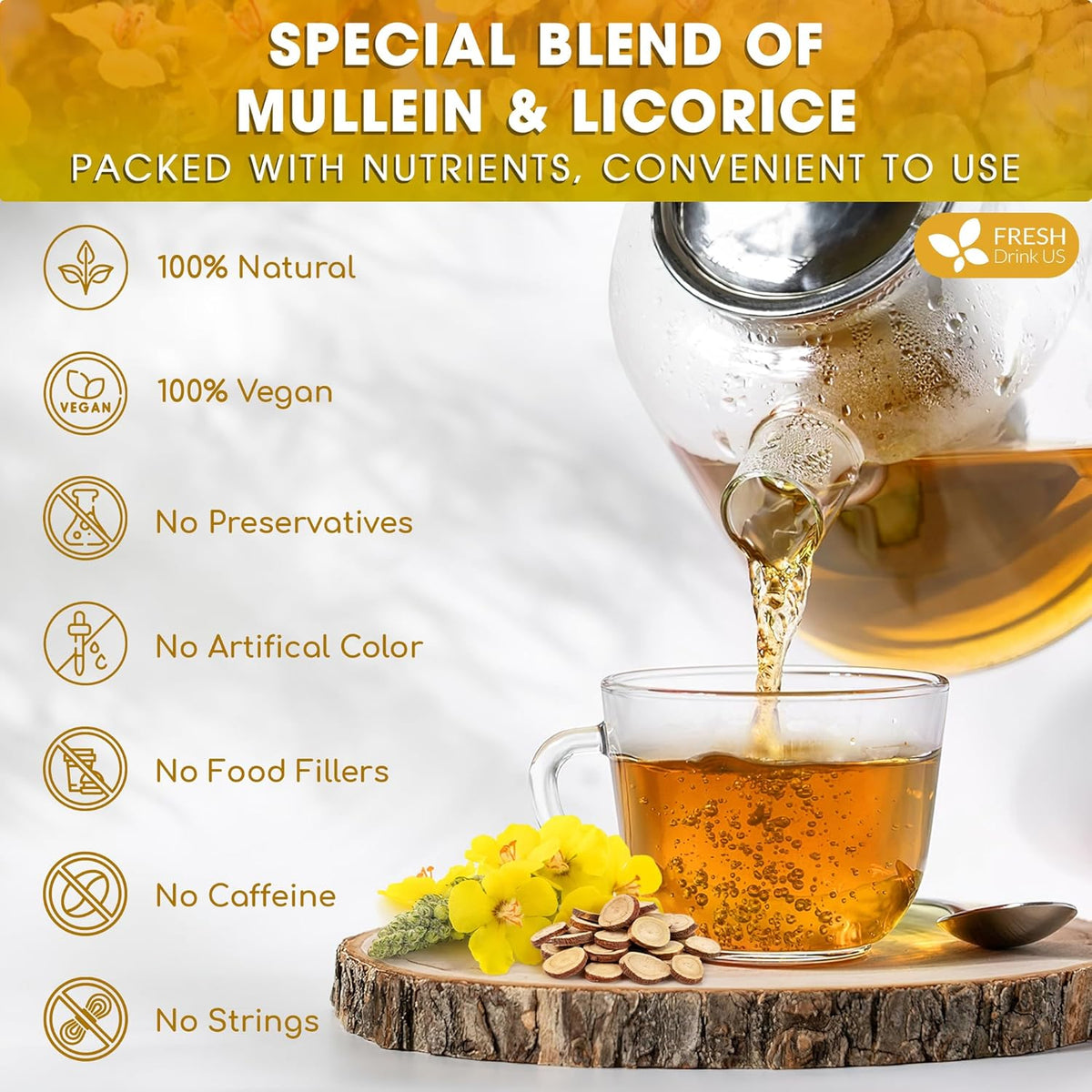 Premium Mullein Licorice Tea Bags. 100% Natural, Blend of Mullein Leaves, and Licorice Root. Herbal Tea