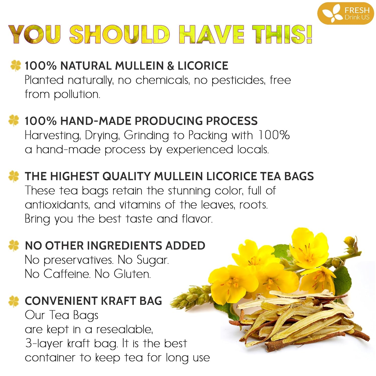 Premium Mullein Licorice Tea Bags. 100% Natural, Blend of Mullein Leaves, and Licorice Root. Herbal Tea