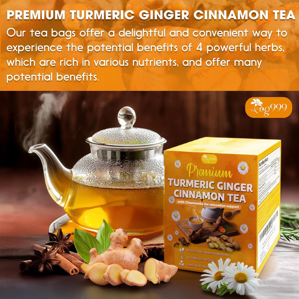 Premium Turmeric, Ginger, Cinnamon & Chamomile Flowers Tea | Improve Digestion, Support Brain, Weight, Skin and Sleep, Eco-Conscious Tea Bags Herbal Tea