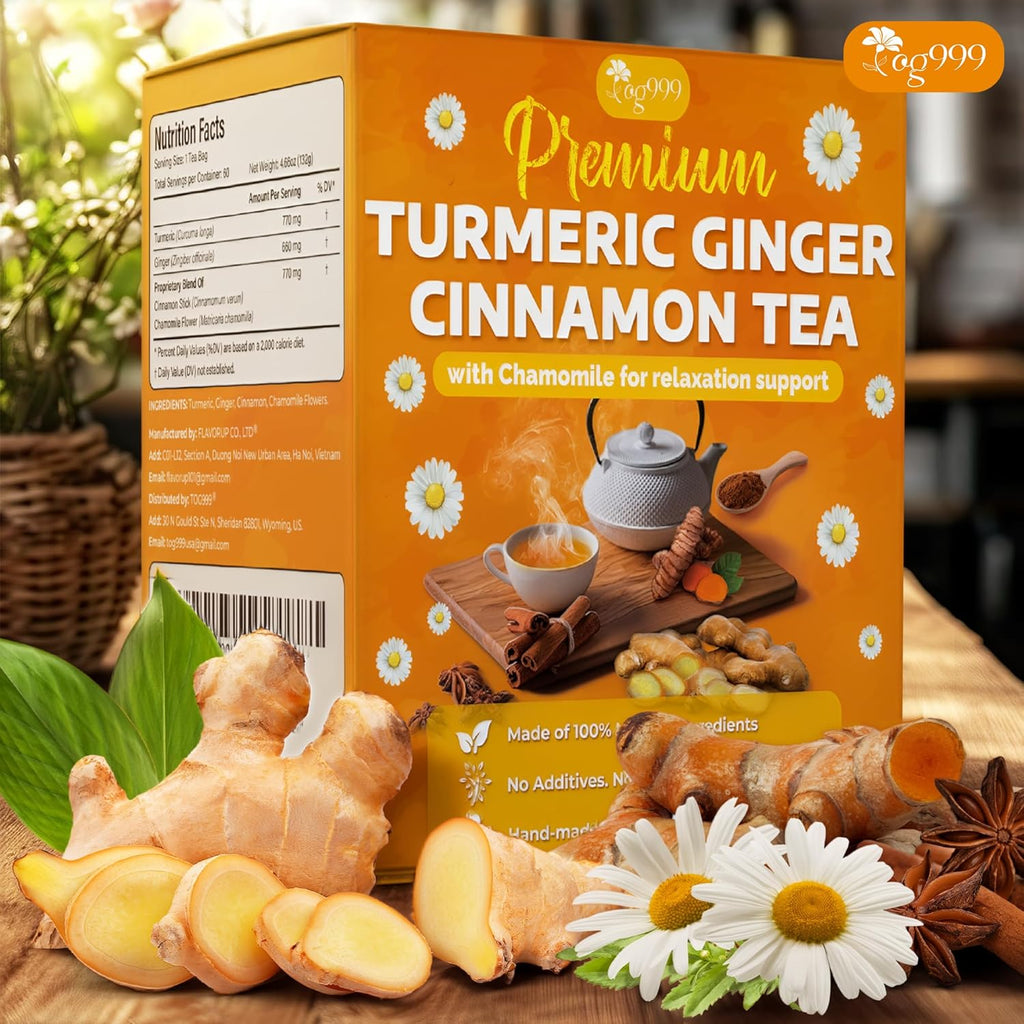 Premium Turmeric, Ginger, Cinnamon & Chamomile Flowers Tea | Improve Digestion, Support Brain, Weight, Skin and Sleep, Eco-Conscious Tea Bags Herbal Tea