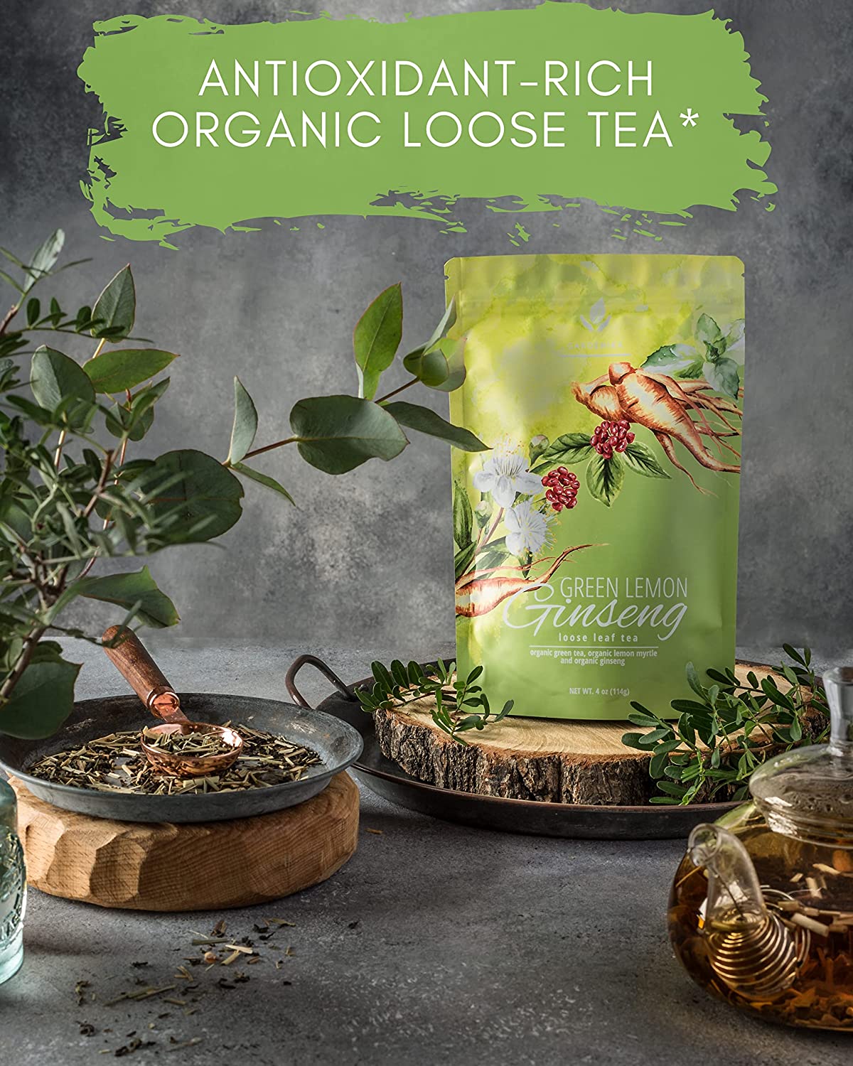 Gardenika Green Lemon Ginseng Tea, Loose Leaf, USDA Organic, Kosher – 4 Oz (113g)