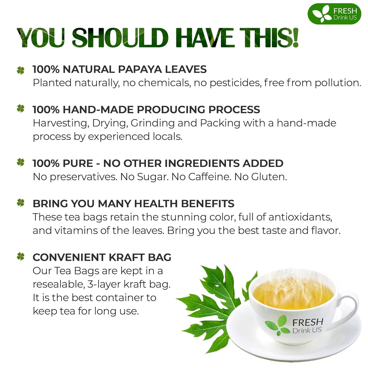 Premium Papaya Leaf Tea Bags, Made with Natural Material Tea Bags. No Sugar, No Caffeine, No Gluten, Vegan. Herbal Tea