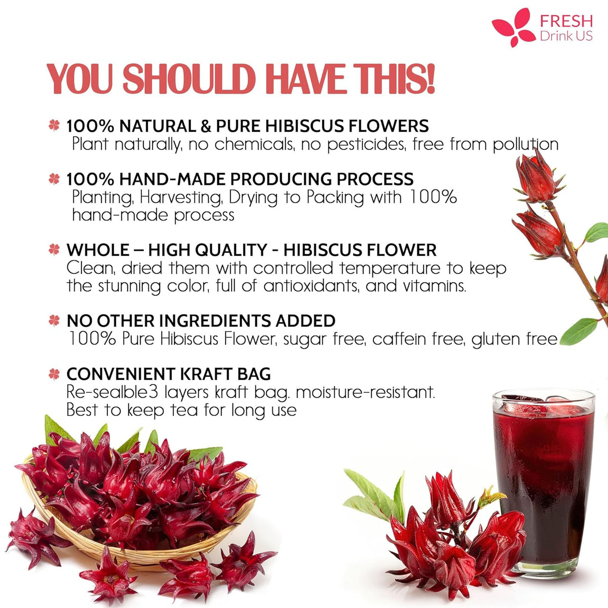 FreshDrinkUS Hibiscus Flower Tea Bags